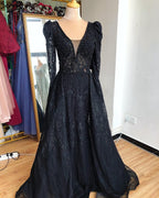 Wine Red Mermaid V-Neck Dubai Evening Dresses 2025 Luxury Long Sleeves Beading Crystal Formal Dress LA70537