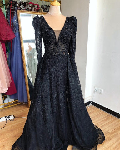 Vestido de noche estilo sirena color vino tinto con escote en V, estilo Dubái 2025, de lujo, con mangas largas y cuentas de cristal, vestido formal LA70537 