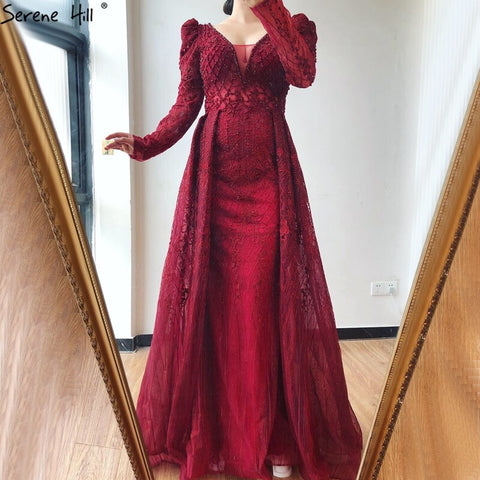 Vestido de noche estilo sirena color vino tinto con escote en V, estilo Dubái 2025, de lujo, con mangas largas y cuentas de cristal, vestido formal LA70537 
