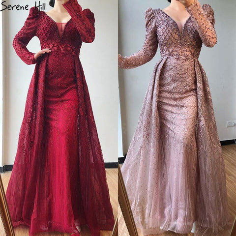 Vestido de noche estilo sirena color vino tinto con escote en V, estilo Dubái 2025, de lujo, con mangas largas y cuentas de cristal, vestido formal LA70537 