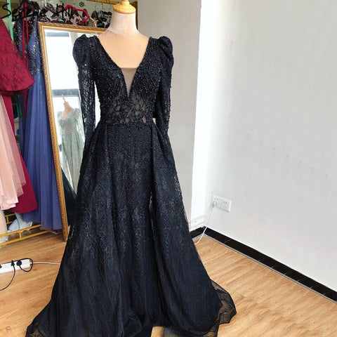 Vestido de noche estilo sirena color vino tinto con escote en V, estilo Dubái 2025, de lujo, con mangas largas y cuentas de cristal, vestido formal LA70537 