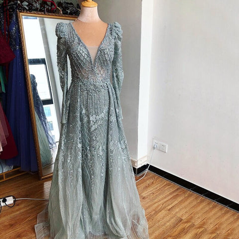 Vestido de noche estilo sirena color vino tinto con escote en V, estilo Dubái 2025, de lujo, con mangas largas y cuentas de cristal, vestido formal LA70537 