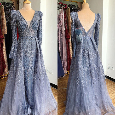 Vestido de noche estilo sirena color vino tinto con escote en V, estilo Dubái 2025, de lujo, con mangas largas y cuentas de cristal, vestido formal LA70537 