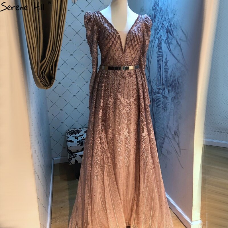Wine Red Mermaid V-Neck Dubai Evening Dresses 2025 Luxury Long Sleeves Beading Crystal Formal Dress LA70537