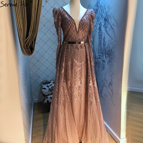 Vestido de noche estilo sirena color vino tinto con escote en V, estilo Dubái 2025, de lujo, con mangas largas y cuentas de cristal, vestido formal LA70537 