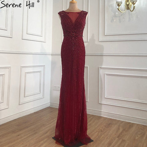 Vestido de noche de lujo rojo vino con escote redondo y sin mangas, estilo sirena de Dubái 2025, vestido formal con cuentas de diamantes LA70415 