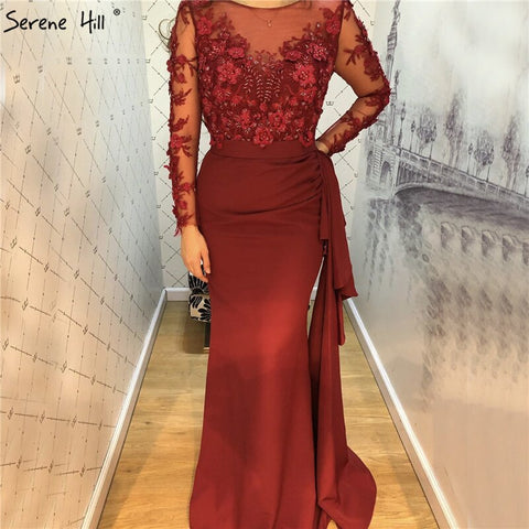 Vestidos de fiesta de sirena en satén rojo vino con escote redondo, 2025, con cuentas, flores hechas a mano, mangas largas, LA70244 