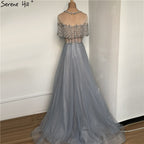 Wine Red Short Sleeves Sexy Evening Dresses 2025 Dubai Diamond Sequins O-Neck A-Line Formal Dress LA70352