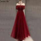 Wine Red Short Sleeves Sexy Evening Dresses 2025 Dubai Diamond Sequins O-Neck A-Line Formal Dress LA70352