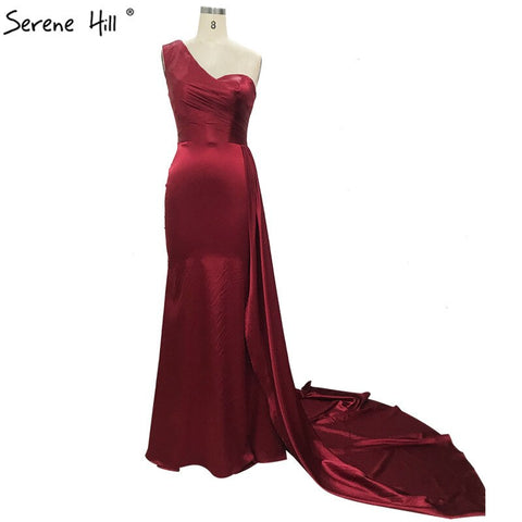 Vestido de noche de satén sexy sin mangas color vino tinto 2025, vestido formal de sirena sencillo con un solo hombro LA70368 