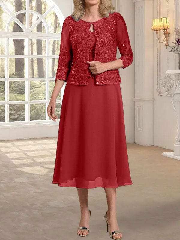Vestido de novia de corte línea A, escote redondo, largo hasta la rodilla, de encaje y gasa con lentejuelas. 