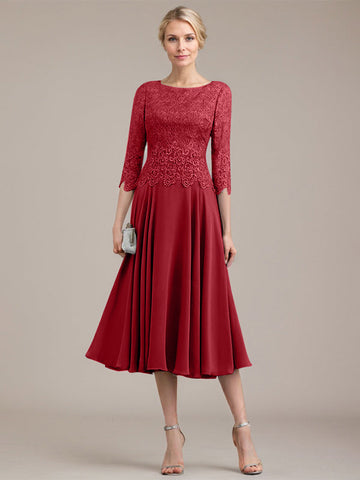 A-line Scoop Tea-Length Lace Chiffon Mother of the Bride Dress