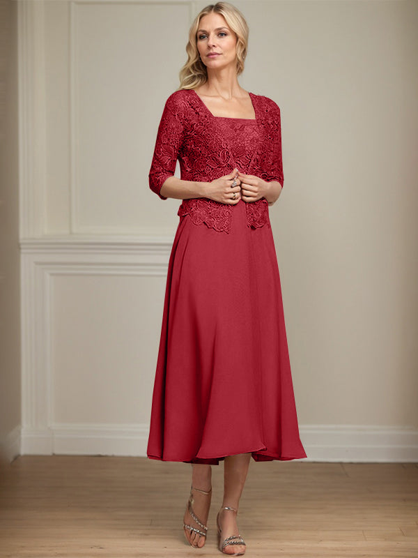 Vestido de corte A, largo midi, de gasa, encaje y lentejuelas para la madre de la novia. 
