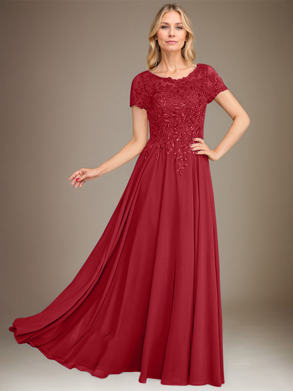 Vestido de corte A, escote redondo, largo hasta el suelo, de gasa, para la madre de la novia, con apliques y lentejuelas. 