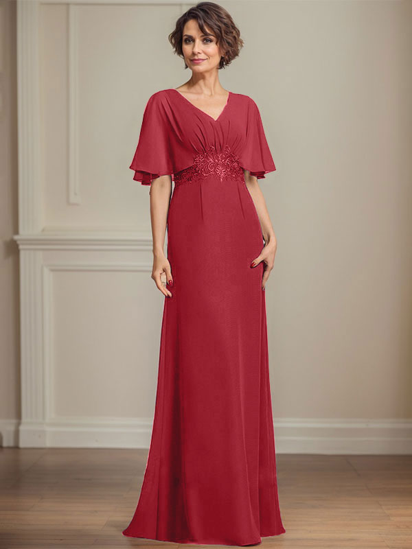 Vestido de corte A, escote en V, largo hasta el suelo, de gasa, para la madre de la novia, con apliques de lentejuelas plisadas y encaje.