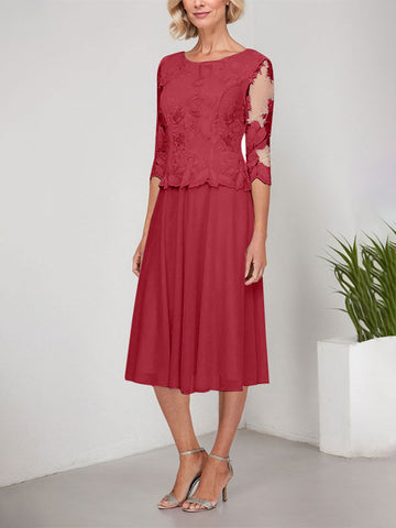 A-line Scoop Tea-Length Lace Chiffon Mother of the Bride Dress With Embroidery