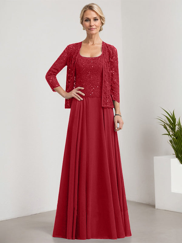Vestido de corte A, cuadrado, largo hasta el suelo, de encaje y gasa con lentejuelas para la madre de la novia 
