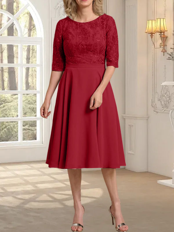 Vestido de novia de gasa de encaje, corte en A, escote redondo y largo hasta la rodilla.
