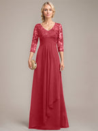 Vestido de novia de corte línea A, escote en V, largo hasta el suelo, de gasa de encaje con volantes en cascada y lentejuelas. 