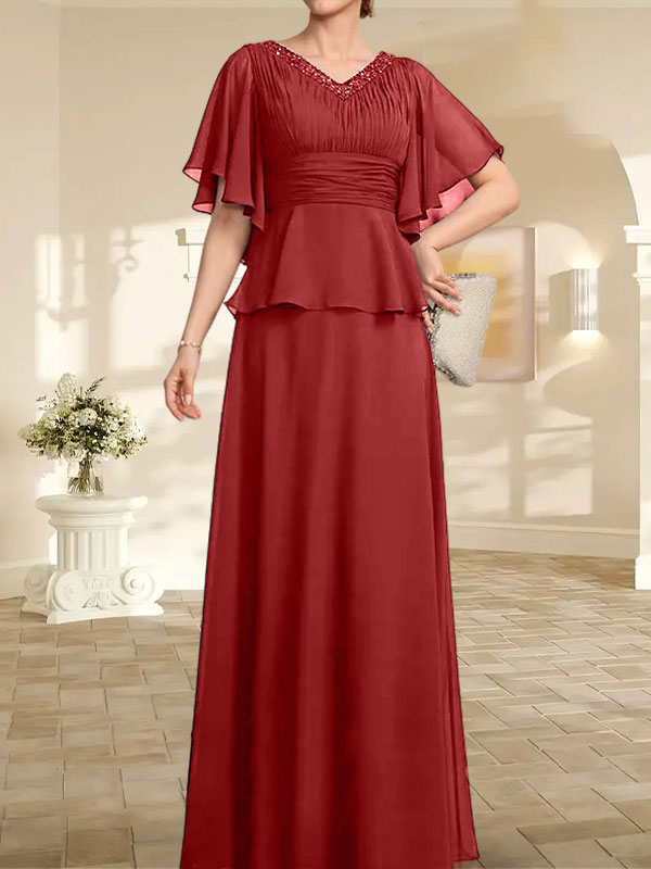 Vestido de gasa de corte A, escote en V, largo hasta el suelo, para la madre de la novia, con plisados ​​y cuentas.