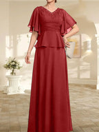 Vestido de gasa de corte A, escote en V, largo hasta el suelo, para la madre de la novia, con plisados ​​y cuentas.