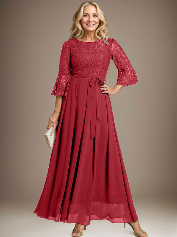 Vestido de corte A, escote redondo, largo hasta el tobillo, de gasa de encaje, para la madre de la novia, con lazo.