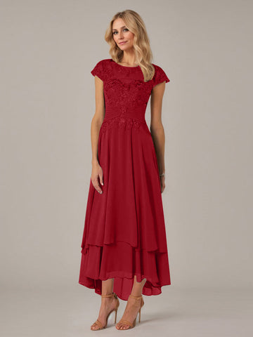 A-line Boat Neck Illusion Asymmetrical Chiffon Lace Mother of the Bride Dress With Applique Pleats
