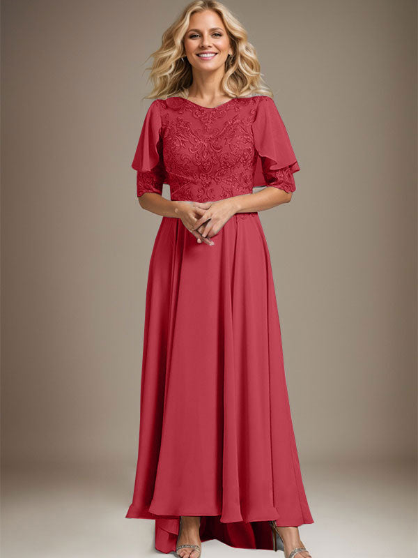 Vestido de novia asimétrico de gasa con encaje, corte en A, escote redondo y ilusión, con pedrería. 