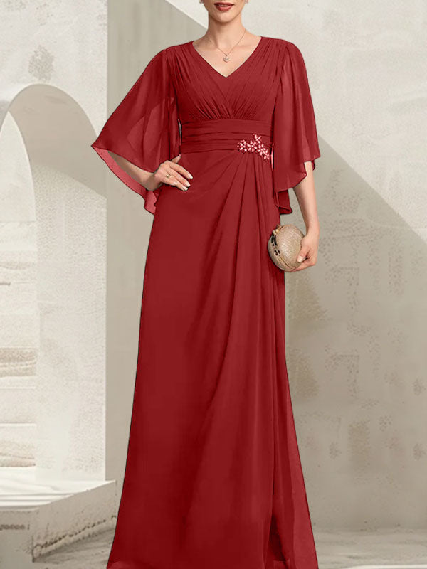 Vestido de corte recto/columna, escote en V, largo hasta el suelo, de gasa, para la madre de la novia, con lentejuelas plisadas y pedrería.