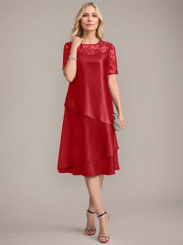 Vestido de corte A, escote redondo, largo hasta la rodilla, para la madre de la novia, con apliques y lentejuelas. 