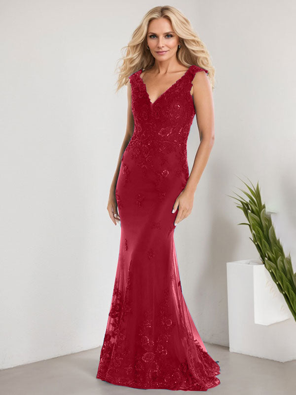 Vestido de sirena para la madre de la novia, corte sirena, escote en V, largo hasta el suelo, de gasa de encaje con apliques de lentejuelas. 