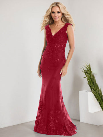 A-line V-Neck Floor-Length Lace Chiffon Mother of the Bride Dress With Applique Sequins Mermaid Dresses
