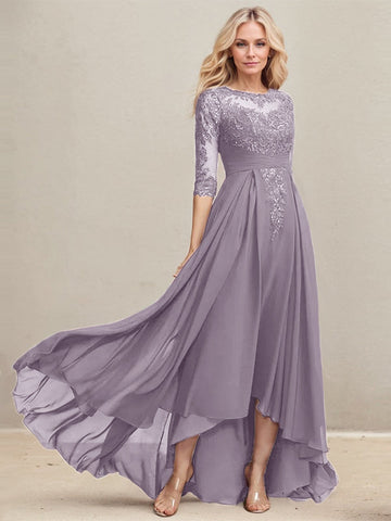 A-line Scoop Illusion Asymmetrical Lace Chiffon Mother of the Bride Dress With Pleated Sequins