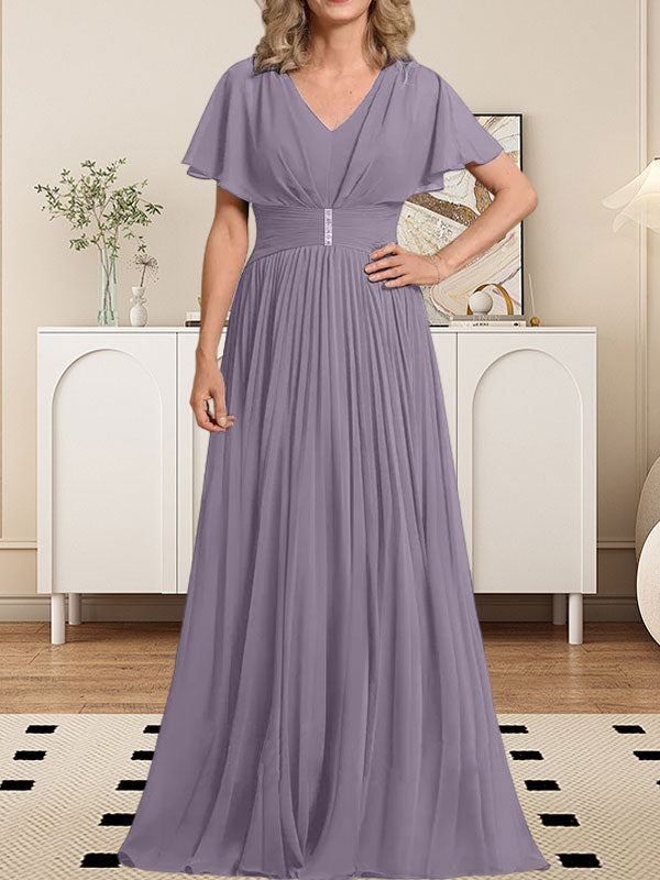 Vestido de gasa de corte A, escote en V, largo hasta el suelo, para la madre de la novia, con broche de cristal y pliegues. 