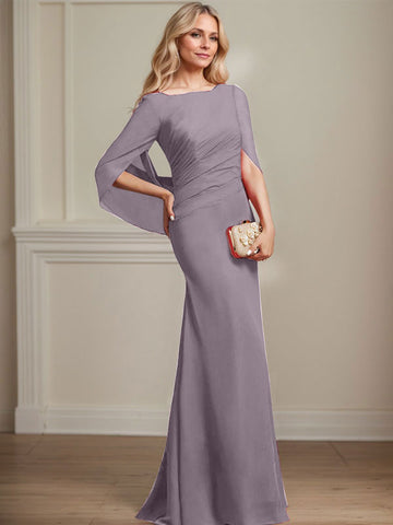 Robe de mère de la mariée en mousseline de soie, coupe trompette/sirène, col bateau, longueur au sol, avec plis 