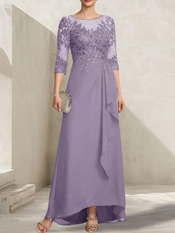 Vestido de madrina de la novia, corte asimétrico, escote ilusión, encaje y gasa, con lentejuelas y volantes en cascada.