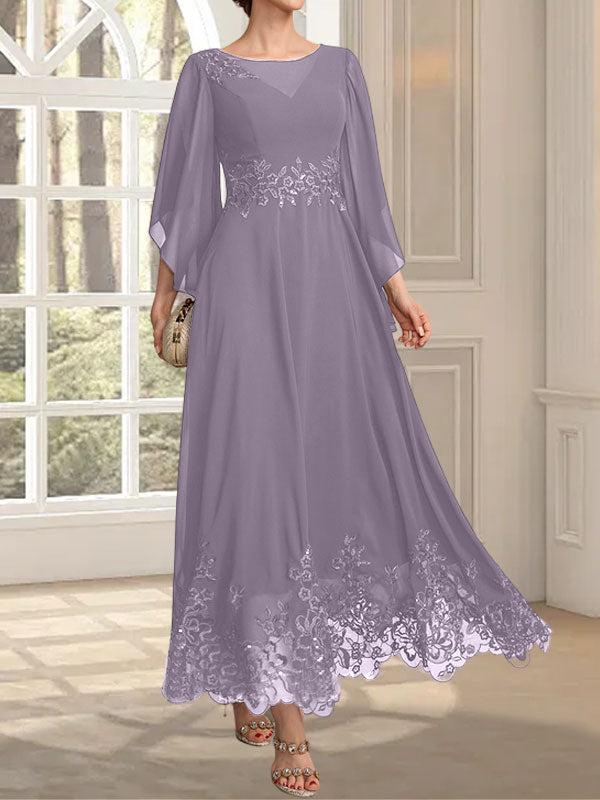 Robe de mère de la mariée en mousseline de dentelle, coupe trapèze, décolleté illusion, longueur cheville, ornée de sequins 