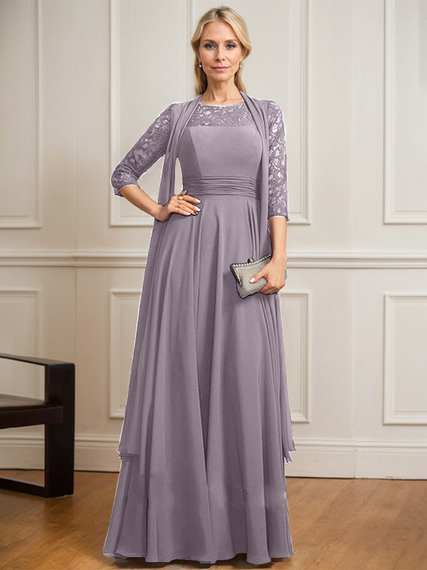 Robe de mère de la mariée en mousseline de dentelle, coupe trapèze, décolleté plongeant illusion, longueur au sol, avec plis. 