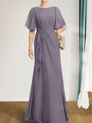 A-line Scoop Floor-Length Chiffon Mother of the Bride Dress With Cascading Ruffles Beading Sequins