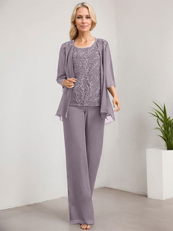 Vestido de novia de gasa con encaje y lentejuelas, estilo mono/pantalón, largo hasta el suelo, con escote redondo.
