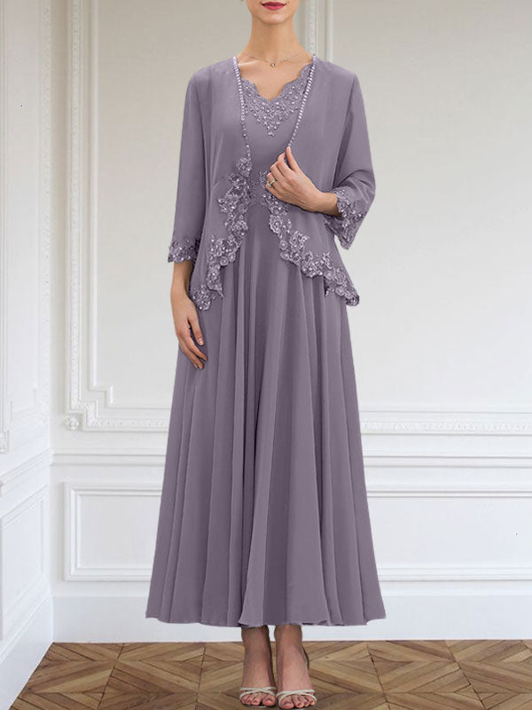 Vestido de corte A, escote en V, largo hasta el tobillo, de gasa, para la madre de la novia, con apliques de lentejuelas, encaje y pedrería.