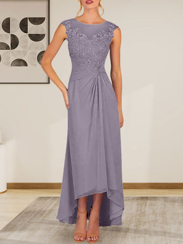 Champagne A-Line Scoop Lace Chiffon Dress