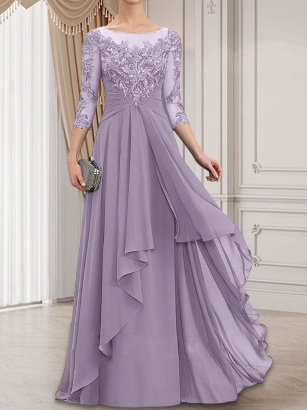Robe de mariée en mousseline de dentelle, coupe trapèze, décolleté illusion, longueur au sol, avec volants cascade, idéale pour la mère de la mariée.