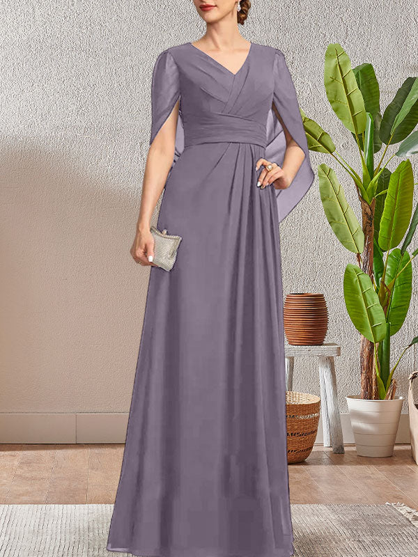 Vestido largo azul marino oscuro de corte A con escote en V para la madre de la novia