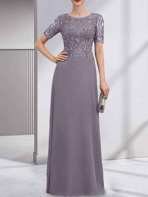 Vestido de novia de corte línea A, escote redondo, largo hasta el suelo, de encaje y gasa con lentejuelas.