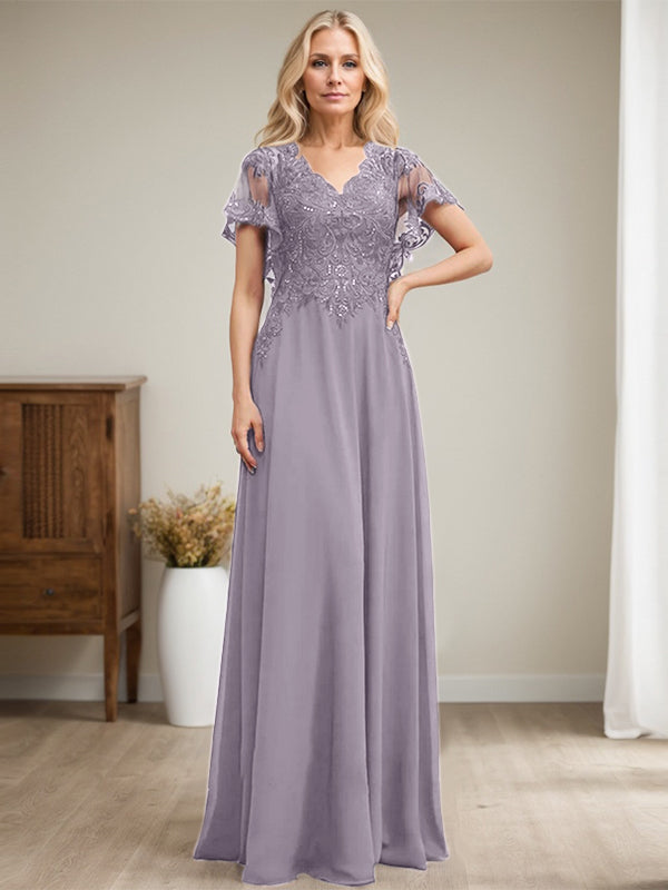 Vestido de novia de corte A, escote en V, largo hasta el suelo, de gasa de encaje con lentejuelas para la madre de la novia 