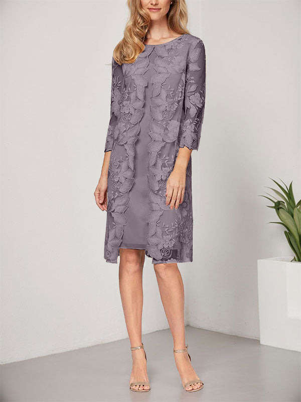 Vestido de corte A, escote redondo, largo hasta la rodilla, de gasa y encaje, para la madre de la novia, con chaqueta. 