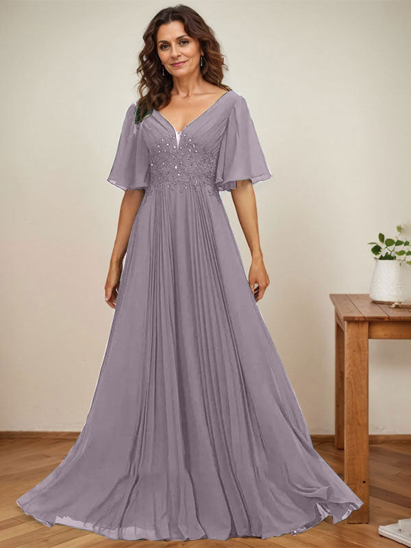 Vestido de corte A, escote en V, largo hasta el suelo, de gasa, para la madre de la novia, con apliques de lentejuelas y encaje plisado. 