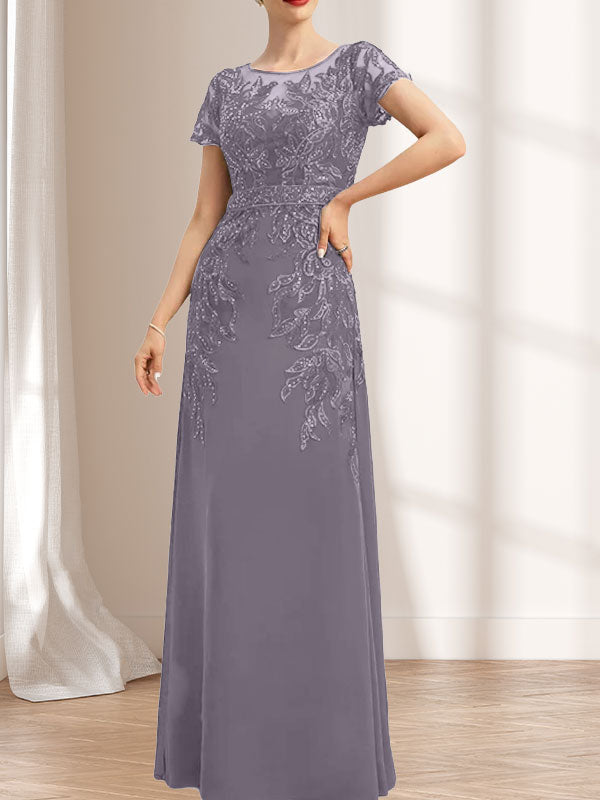 Vestido de novia de corte recto/columna, escote redondo, ilusión, largo hasta el suelo, de encaje y gasa con lentejuelas.
