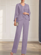 Combinaison/Tailleur-pantalon deux pièces, robe longue en mousseline à col V pour la mère de la mariée